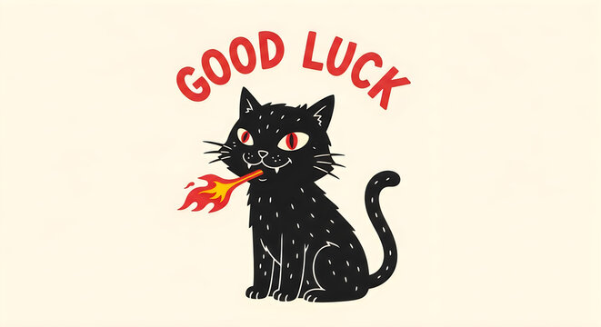 A black cat with glowing red eyes holding a flame in its mouth and the words good luck above it on a beige background.