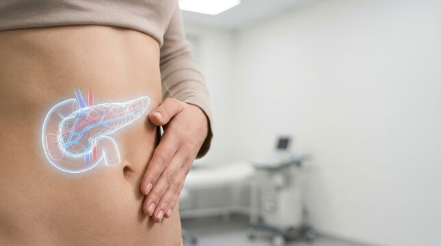 Pancreas abdomen woman healthcare diabetes management medical concept with hand on stomach and glowing pancreas illustration in clinic room showing digestive organ health and endocrine care