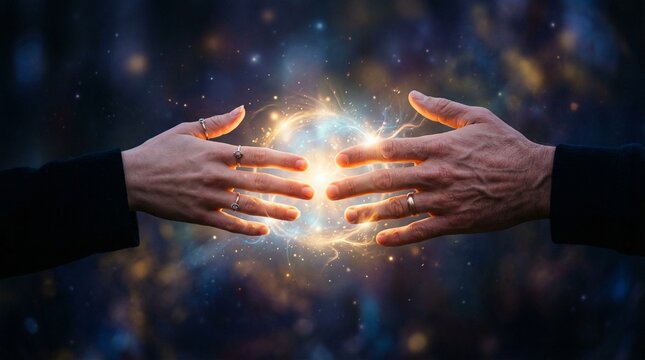 Two hands with rings reaching for a glowing orb of light between them in space
