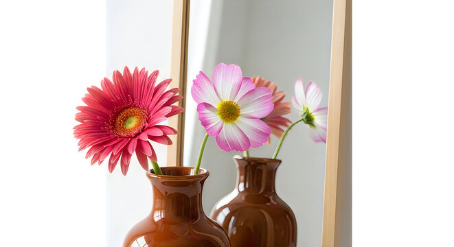 Brown ceramic vases with pink and red flowers on white background.
