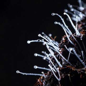 Macro mycelium network with water droplets on soil, fungal growth texture, dark background with copy space