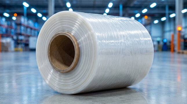 Close-up of a large stretch film roll on the floor of a modern industrial warehouse, ready for packaging and logistics