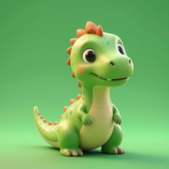 Fototapeta premium Cute Green Cartoon Dinosaur Toy with Orange Spikes on Green Background