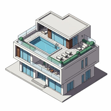 Modern multi-level house with rooftop pool.
