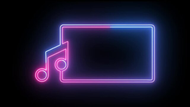 Glowing neon line music icon animation on black background. Neon musical note sign party