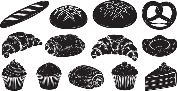 Black and white bakery illustration set of sweet treats