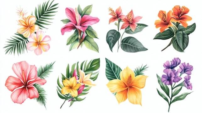 Watercolor set of tropical floral bouquets and palm leaves on white, vibrant pink, orange and yellow flowers, botanical clipart collection.
