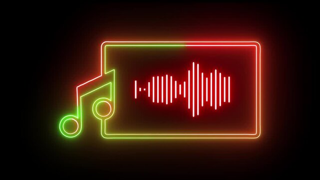 Glowing neon line music icon animation on black background. Neon musical note sign party.