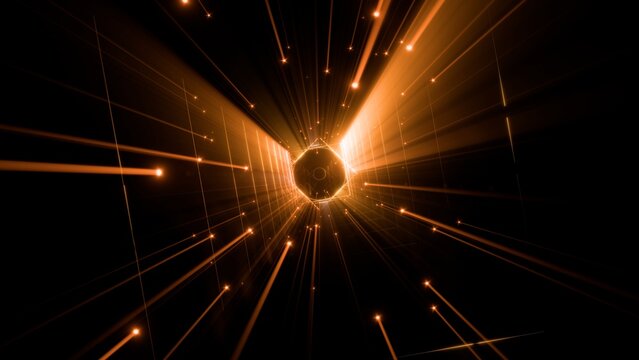 Abstract Golden Motion Tunnel with Glowing Particles and Light Rays on Black Background - 3D Render Illustration, gold particles tunnel