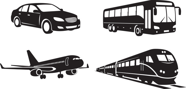 Transportation modes including car, bus, airplane, and train icons