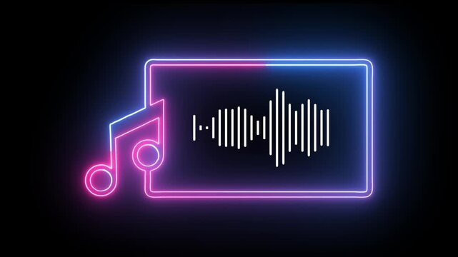 Glowing neon line music icon animation on black background. Neon musical note sign party