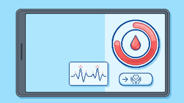 A digital tablet displaying health monitoring data with a blood drop gauge, heartbeat waveform, and health icon button, illustrating mobile medical technology.