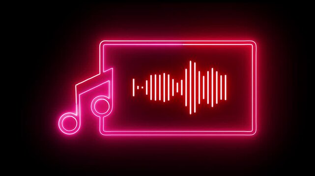 Glowing neon line music icon animation on black background. Neon musical note sign party.