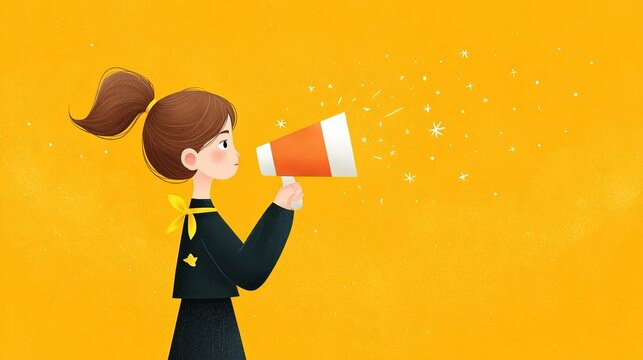 Illustration of a young woman with a ponytail speaking into a megaphone, spreading sparkles and positive energy on a vibrant yellow background