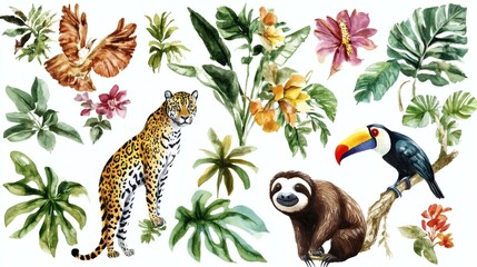 Fototapeta premium Watercolor jungle set with leopard, sloth, toucan, butterfly, tropical leaves and flowers isolated on white background.