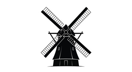 Classic dutch windmill stands prominently against a white background silhouette © asma