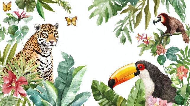 Watercolor jungle set with leopard, sloth, toucan, butterfly, tropical leaves and flowers isolated on white background.