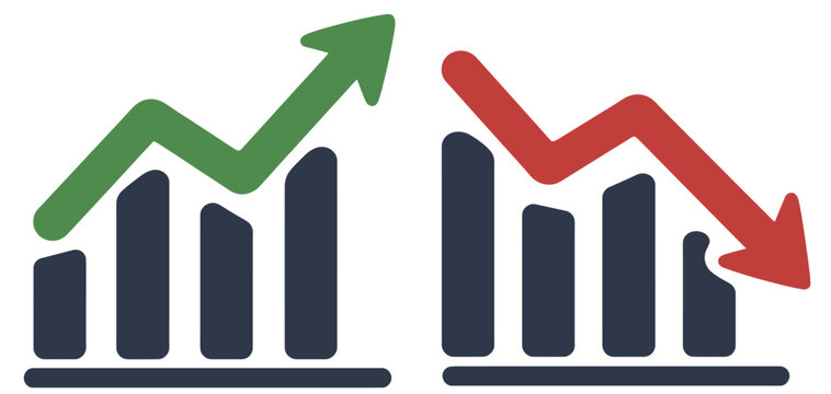 Business growth and decline charts with upward green and downward red arrows on white.