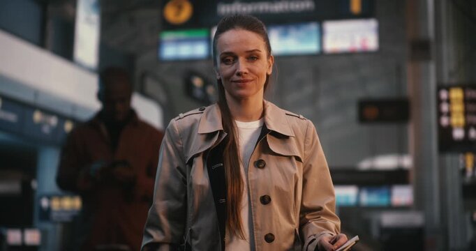 Portrait of Stunning Young Woman With Smile Stands in Center Bustling Airport Terminal. Dressed in Classic Beige Trench Coat Female Expressing Excitement and Joy For Upcoming Journey. Lifestyle Woman.