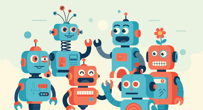 Group of colorful cartoon robots standing.