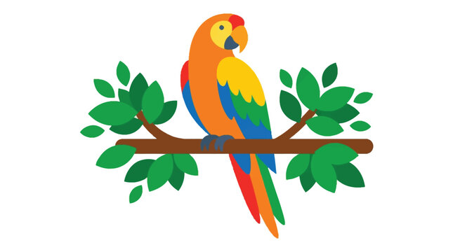 Colorful parrot sitting on branch with green leaves.