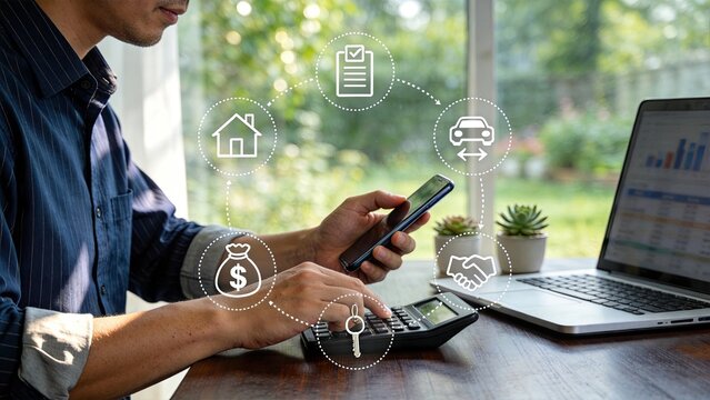Man using smartphone and calculator with icons for house money car handshake key document on laptop screen financial planning budgeting investment online banking business