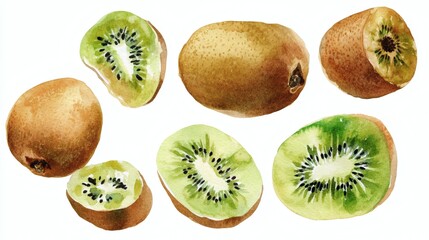 Fototapeta premium A vibrant watercolor collection of green kiwi fruits, shown whole, halved, and sliced on white background