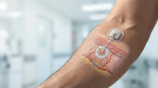 Blood sugar monitoring concept sensor patch on arm with skin anatomy overlay in clinic background showing wearable medical technology for diabetes control and health awareness