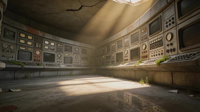 abandoned control room with vintage consoles sunlit derelict laboratory interior
