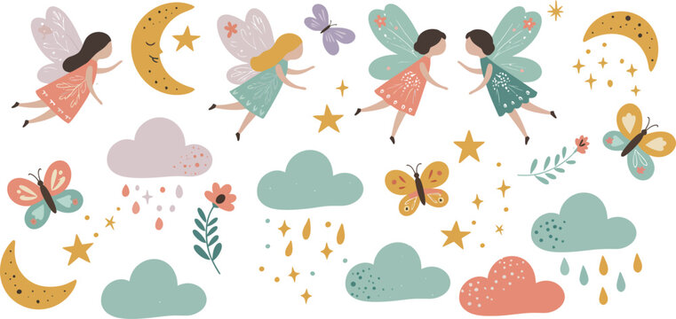 A cute cartoon vector illustration of a baby girl with pink floral patterns, summer flowers, and a set of spring nature icons like a butterfly, bee, and ladybug