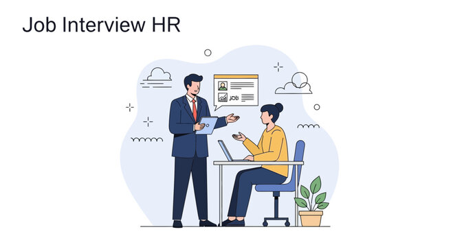 Job Interview HR: Candidate and Recruiter Discussing Resume and Laptop
