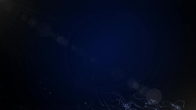Glowing purple light trails form a crescent shape in dark blue space with a bright white star shining above