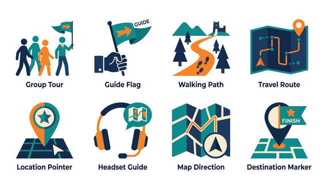 Vector set of travel icons depicting a group tour with guide flag, walking path, travel route, location pointer, headset guide, map direction, and destination marker for navigation.