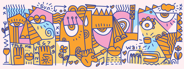 Abstract human faces portrait geometric, decorative shapes in a playful, doodle vector illustration. Bold lines, pastel tones. expressive composition for creative backgrounds, posters, wall art, print © Suryadi