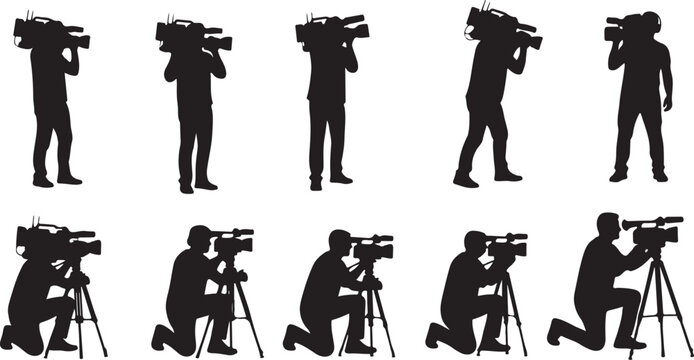 Photographers at work in various poses and positions silhouette set