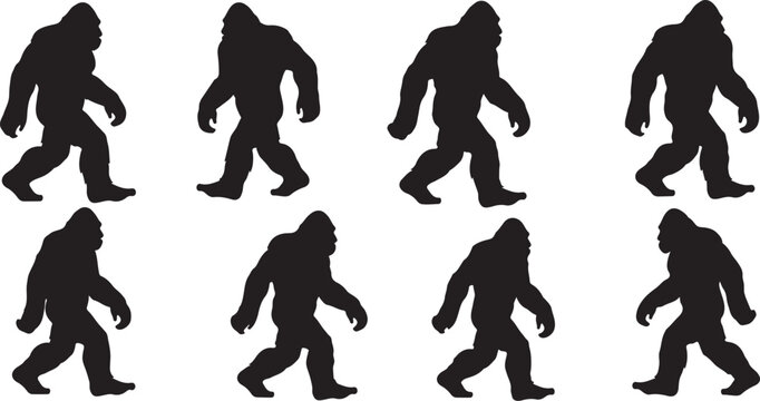 Bigfoot silhouettes walking in various poses and directions together