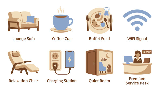 A vector set of modern office amenities including a lounge sofa, coffee cup, buffet food, WIFI signal, relaxation chair, charging station, quiet room, and premium service desk.