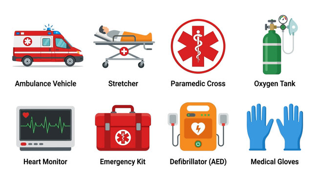 Medical vector set for emergency services includes ambulance vehicle, stretcher, paramedic cross, oxygen tank, heart monitor, emergency kit, defibrillator, and medical gloves.