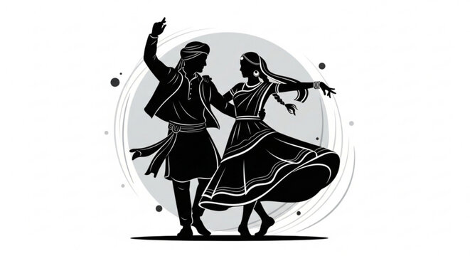 Traditional indian couple dancing in elegant black silhouette against gray background with decorative circles