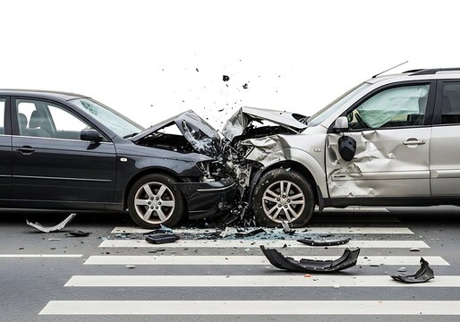 Severe car crash collision on a city crosswalk showing major damage