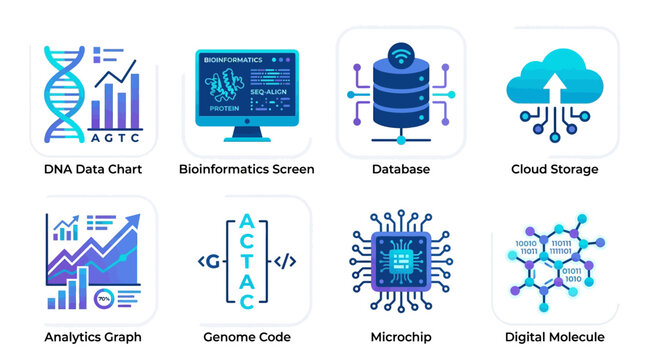 A vector set of bioinformatics icons depicting DNA data, bioinformatics screens, databases, and digital molecules in a scientific environment from a technology viewpoint.