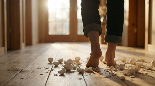 Barefoot person walking over broken eggs, warm sunset lighting, moving forward cautiously, domestic room floor, metaphorical imagery