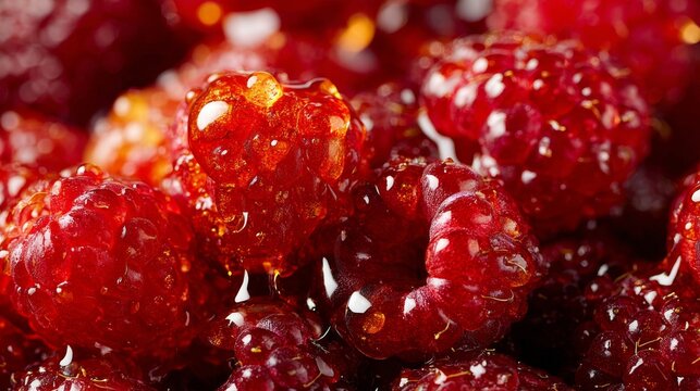 Close-up of glistening, ripe raspberries with sweet honey dripping over their textured surfaces