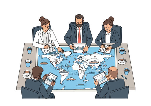 Business team meeting around a world map for ekspor impor planning