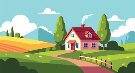 House with red roof and pathway. © Komsatun