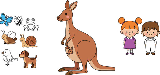 Kangaroo with baby and cute animal icons butterfly frog snail dog bird and children cartoon vector illustration collection © Jahangir