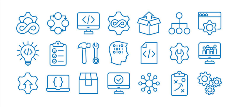 DevOps methodology and software development concept editable stroke outline icons set isolated on white background flat vector illustration. Pixel perfect. 64 x 64.