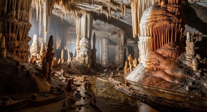 Underground Cave with Stalactites and Stalagmites.