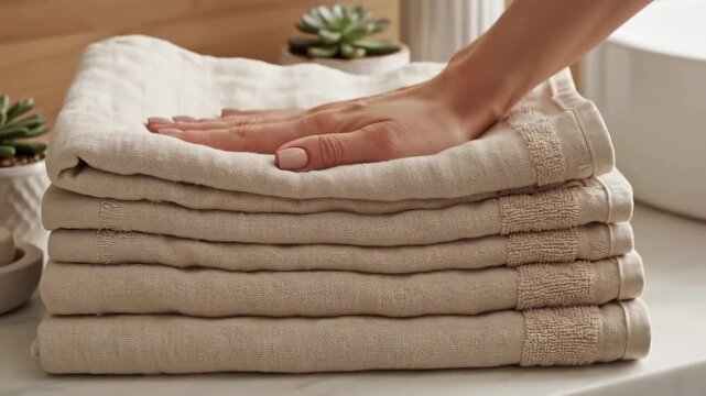 A stack of neatly folded towels on a table.