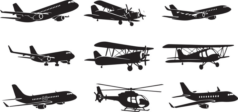 Silhouettes of various airplanes and helicopters in flight